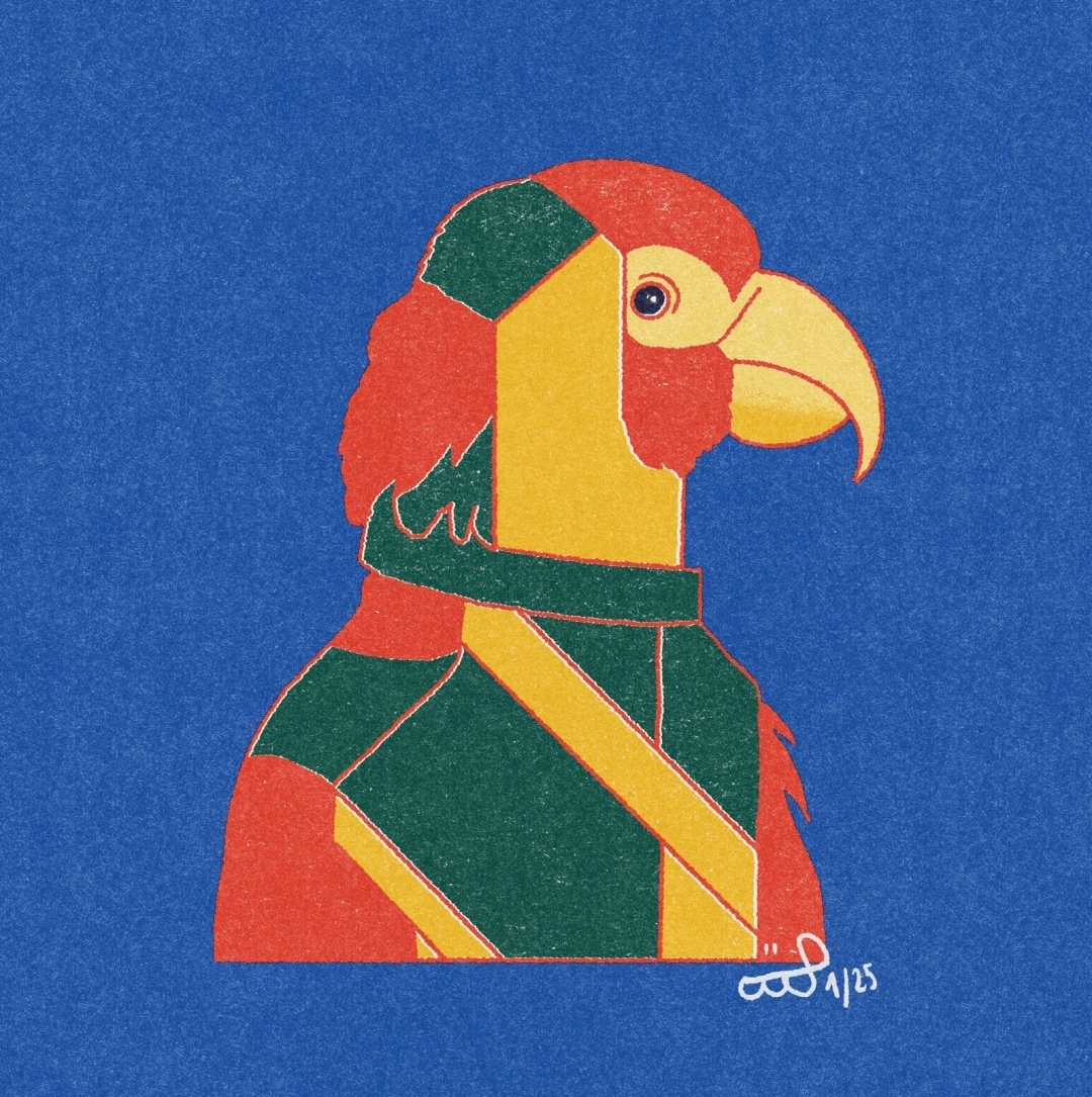 Digital Risograph of a parrot in a shirt.