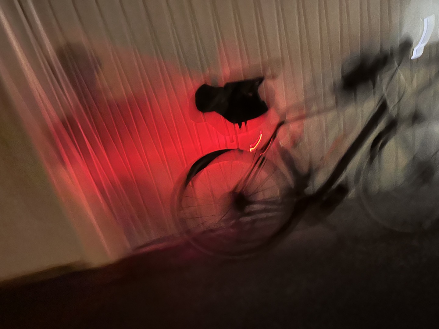 Verwackeltes Bild eines Fahrrads vor einem Garagentor