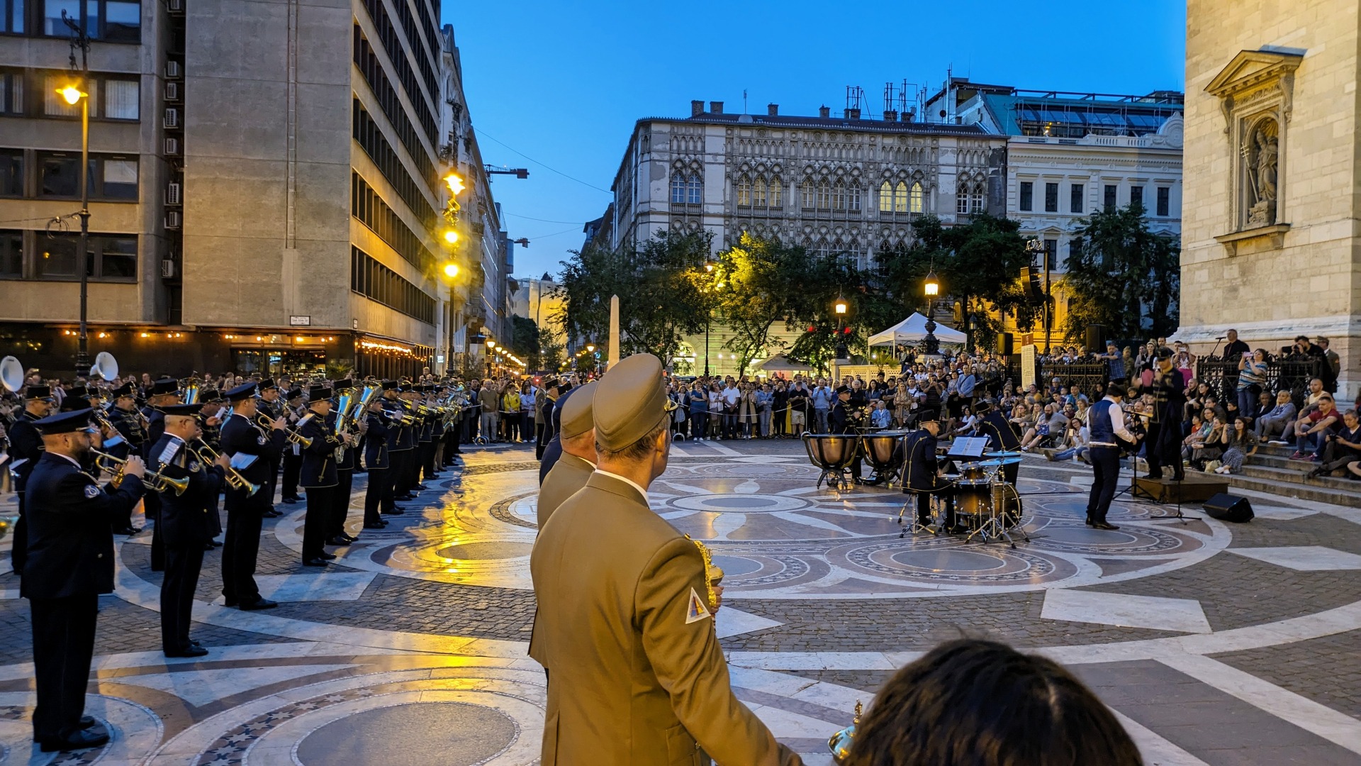 photo of the Hungarian military band playing in front of the Saint Stephen's Basilica
