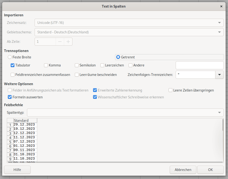 Dialogfeld „Text in Spalten …“ wird angezeigt. „Tabulator“ ist als „Trennzeichen“ gewählt.