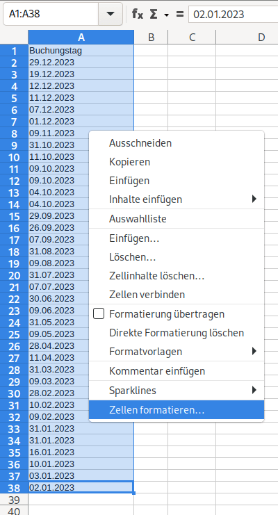 Erste Spalte ist markiert. Dialogfeld, nach rechtem Mausklick. Zellen formatieren … ist gewählt.