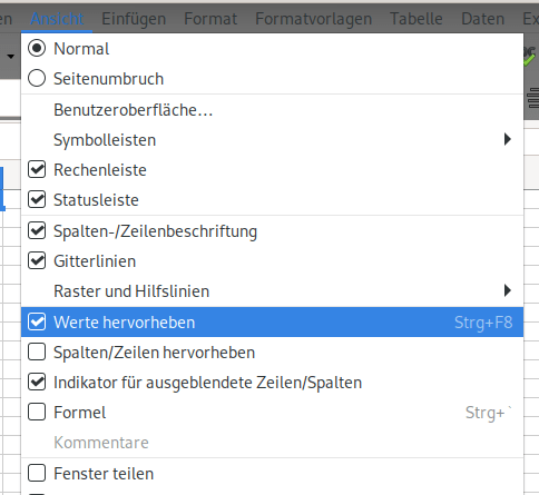 Menüdialog „Ansicht“ > „Werte hervorheben“.