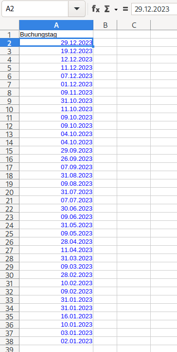 Tabelle mit Datumswerten in der ersten Spalte. Datumswerte sind rechts ausgerichtet und blau formatiert.