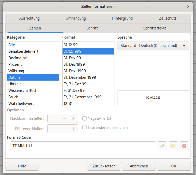 Dialogfeld zum Formatieren von Zellen. Datum und ein Datumsformat ist ausgewählt.