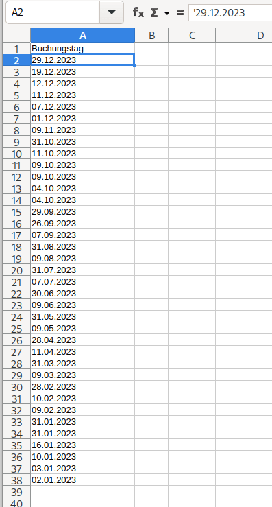 Tabelle mit links ausgerichteten Datumswerten in der ersten Spalte. In der Formelanzeige ist ein Hochkomma vor dem Datum.