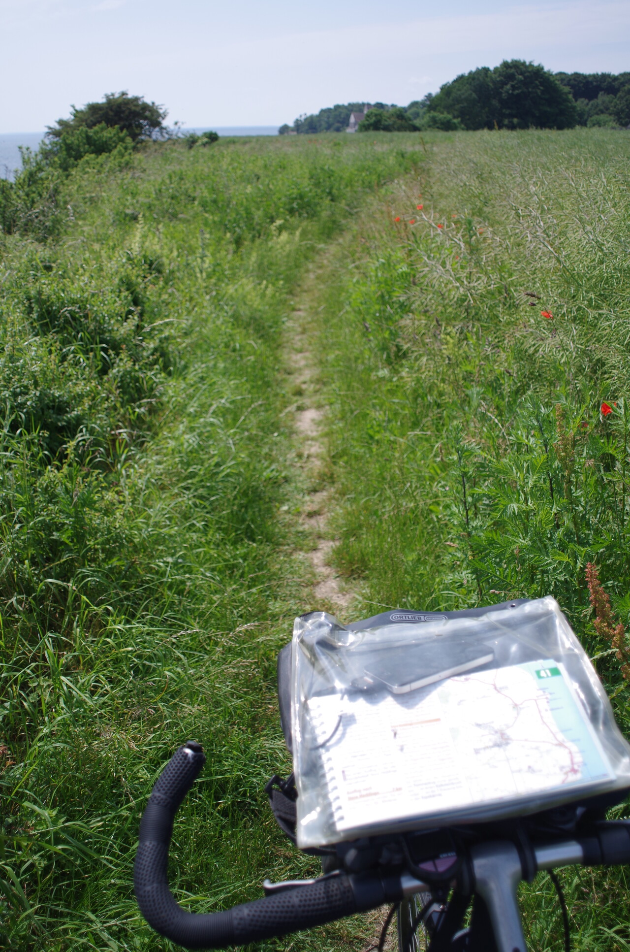 Farbfoto eines schmalen Pfads durch grüne Wiesen und Felder. Im Hintergrund ein paar Bäume und etwas Meer. Im Vordergrund ein Fahrradlenker mit Lenkertasche. Farbfoto eines schmalen Pfads durch grüne Wiesen und Felder. Im Hintergrund ein paar Bäume und etwas Meer. Im Vordergrund ein Fahrradlenker mit Lenkertasche.